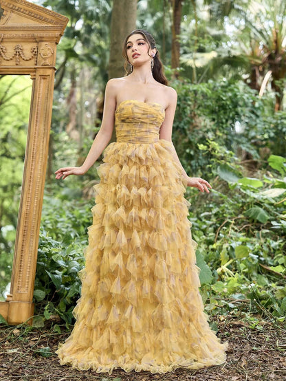 Ruffle Layered Hem Strapless Floral Tulle Prom Dress — authorized product image 3
