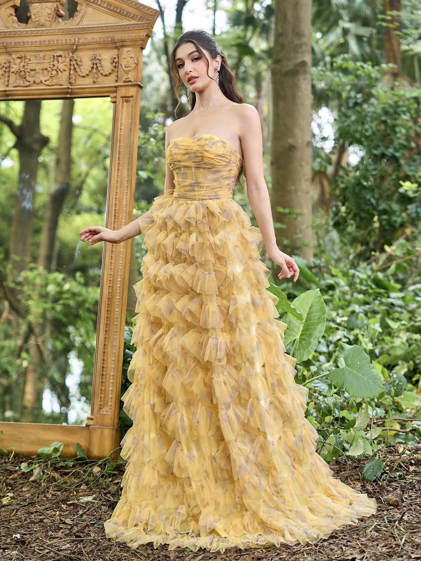 Ruffle Layered Hem Strapless Floral Tulle Prom Dress — authorized product image 4