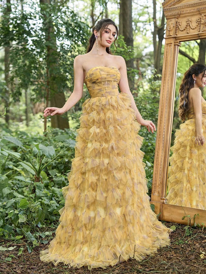 Ruffle Layered Hem Strapless Floral Tulle Prom Dress — authorized product image 5