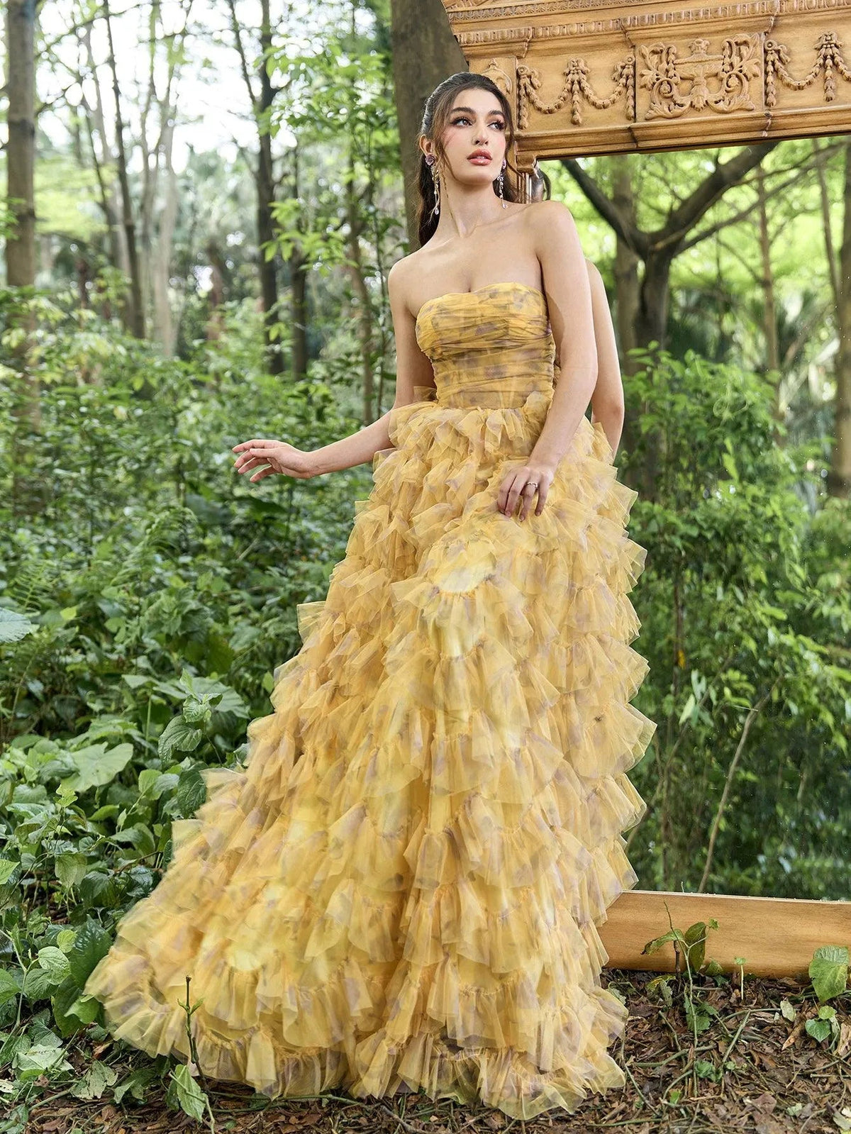 Ruffle Layered Hem Strapless Floral Tulle Prom Dress — authorized product image 6