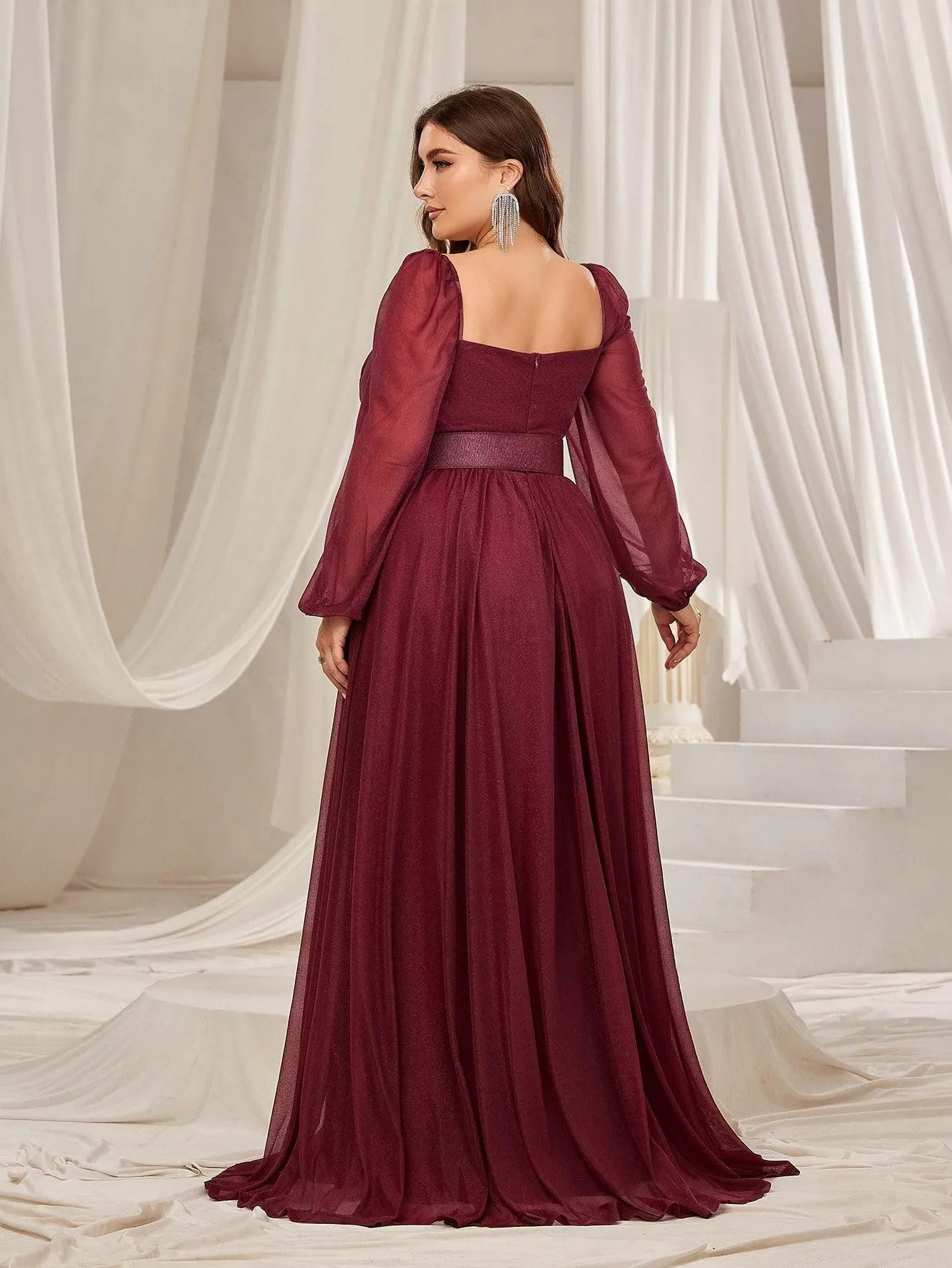 Plus Square Neck Lantern Sleeves Split Thigh Evening Dress – view 2