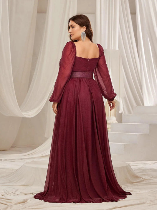 Plus Square Neck Lantern Sleeves Split Thigh Evening Dress – view 2