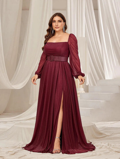 Plus Square Neck Lantern Sleeves Split Thigh Evening Dress – view 4