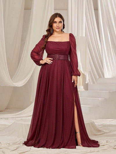 Plus-Size Square Neck High Slit Lantern-Sleeve A-Line Evening Gown