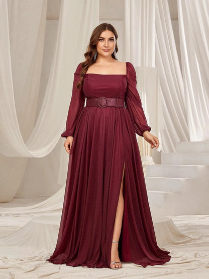 Plus Square Neck Lantern Sleeves Split Thigh Evening Dress – view 3