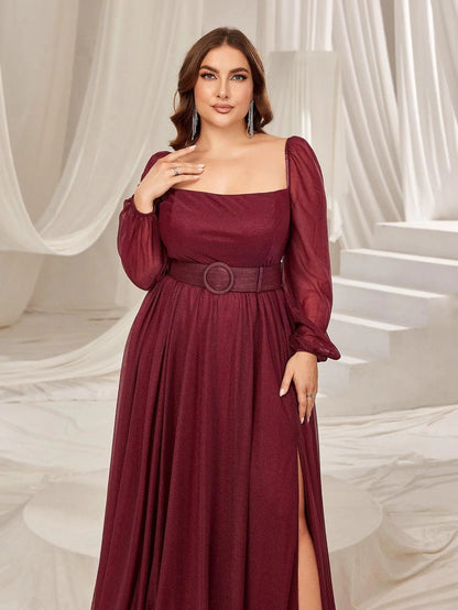 Plus Square Neck Lantern Sleeves Split Thigh Evening Dress – view 6