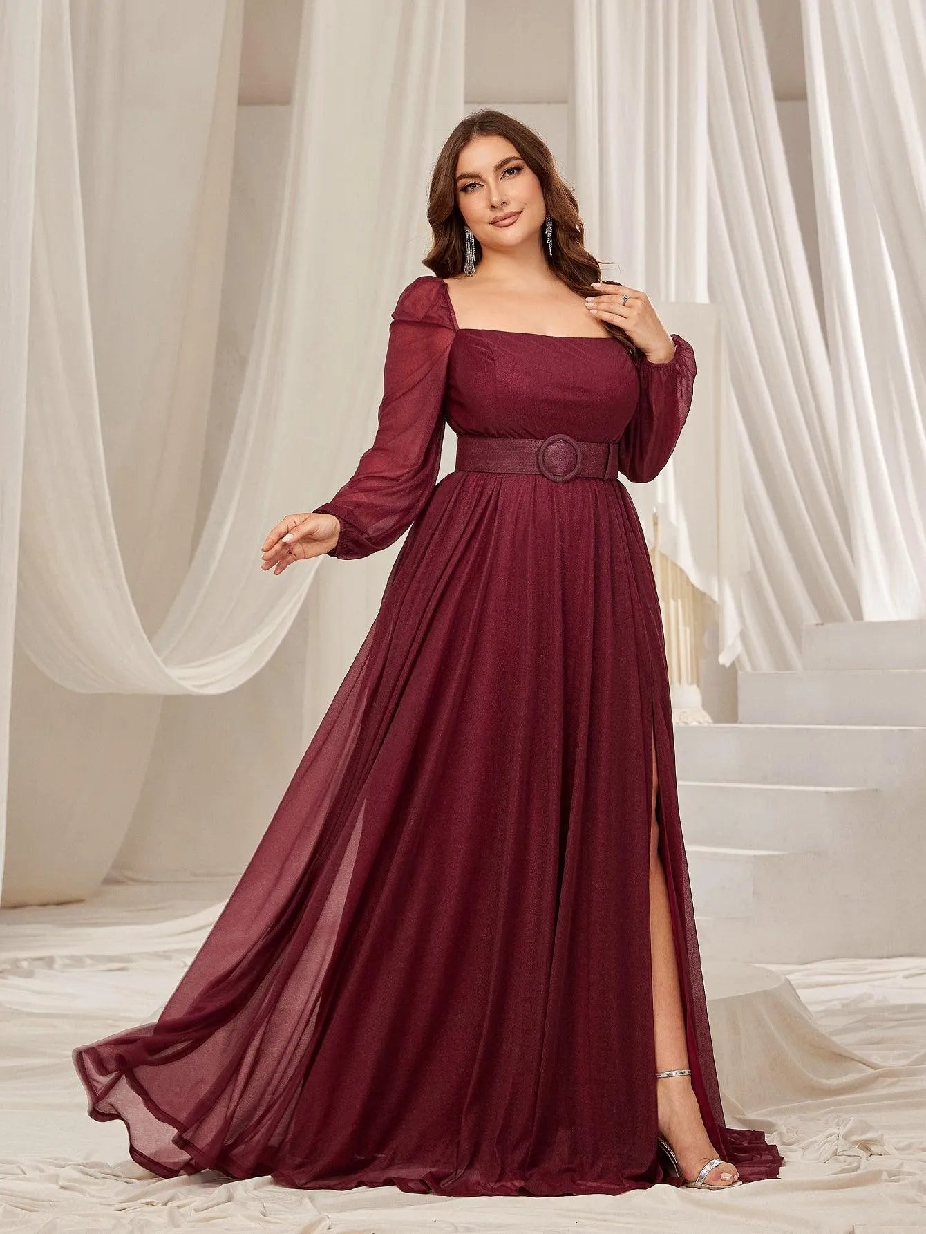 Plus Square Neck Lantern Sleeves Split Thigh Evening Dress – view 5