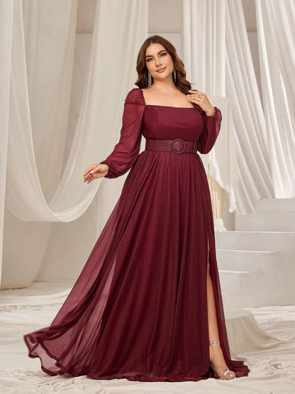Plus Square Neck Lantern Sleeves Split Thigh Evening Dress – view 5