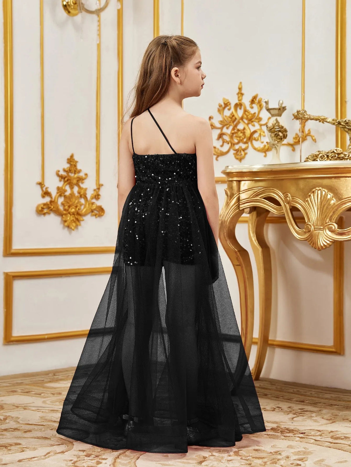 Additional product view of Mesh Overlay One-Shoulder Sequin Sleeveless Tween Girls' Formal Romper