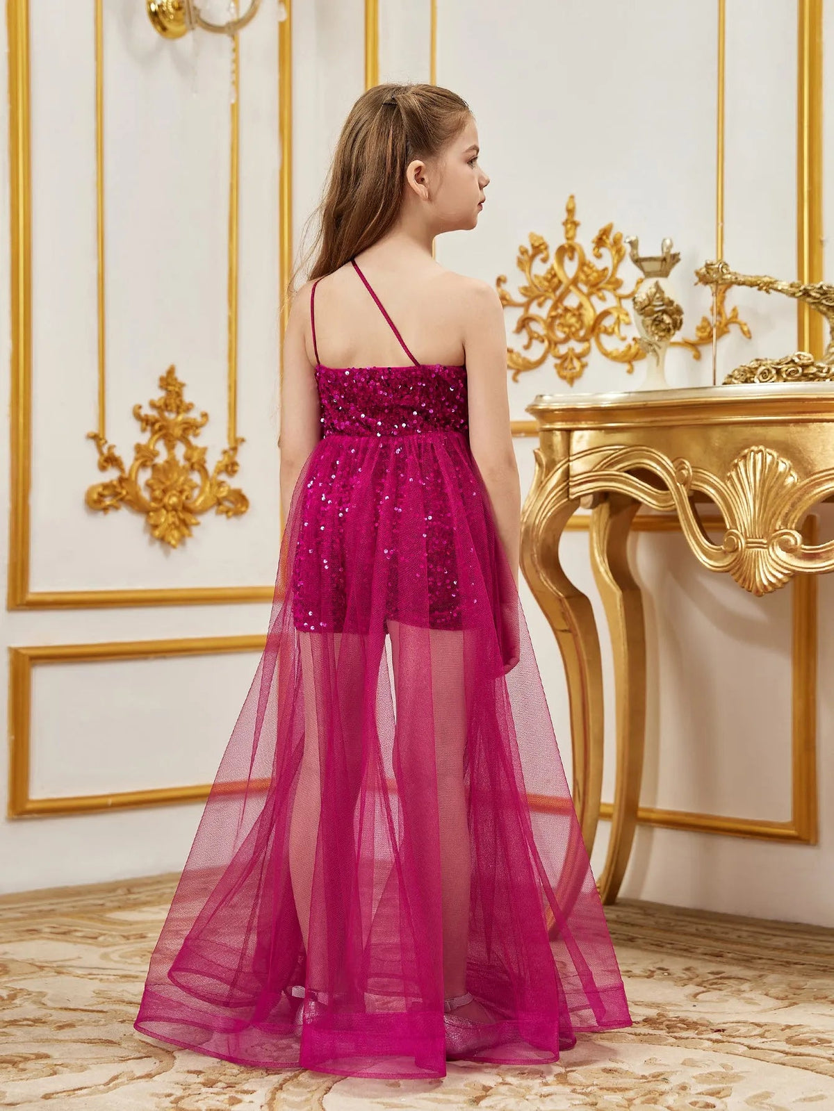 Additional product view of Mesh Overlay One-Shoulder Sequin Sleeveless Tween Girls' Formal Romper