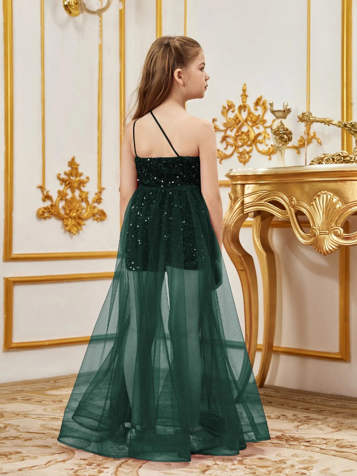 Additional product view of Mesh Overlay One-Shoulder Sequin Sleeveless Tween Girls' Formal Romper