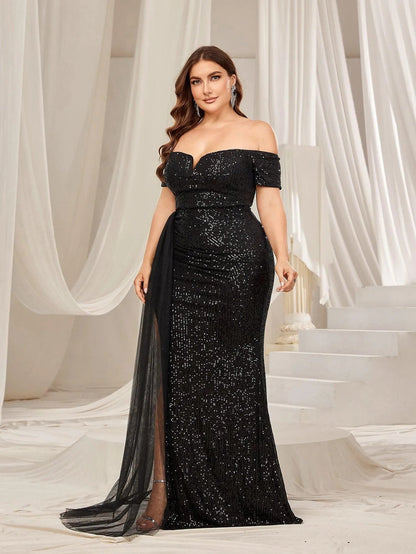 Additional product view of High-Slit Plus-Size Off-Shoulder Sequin Mermaid Evening Gown