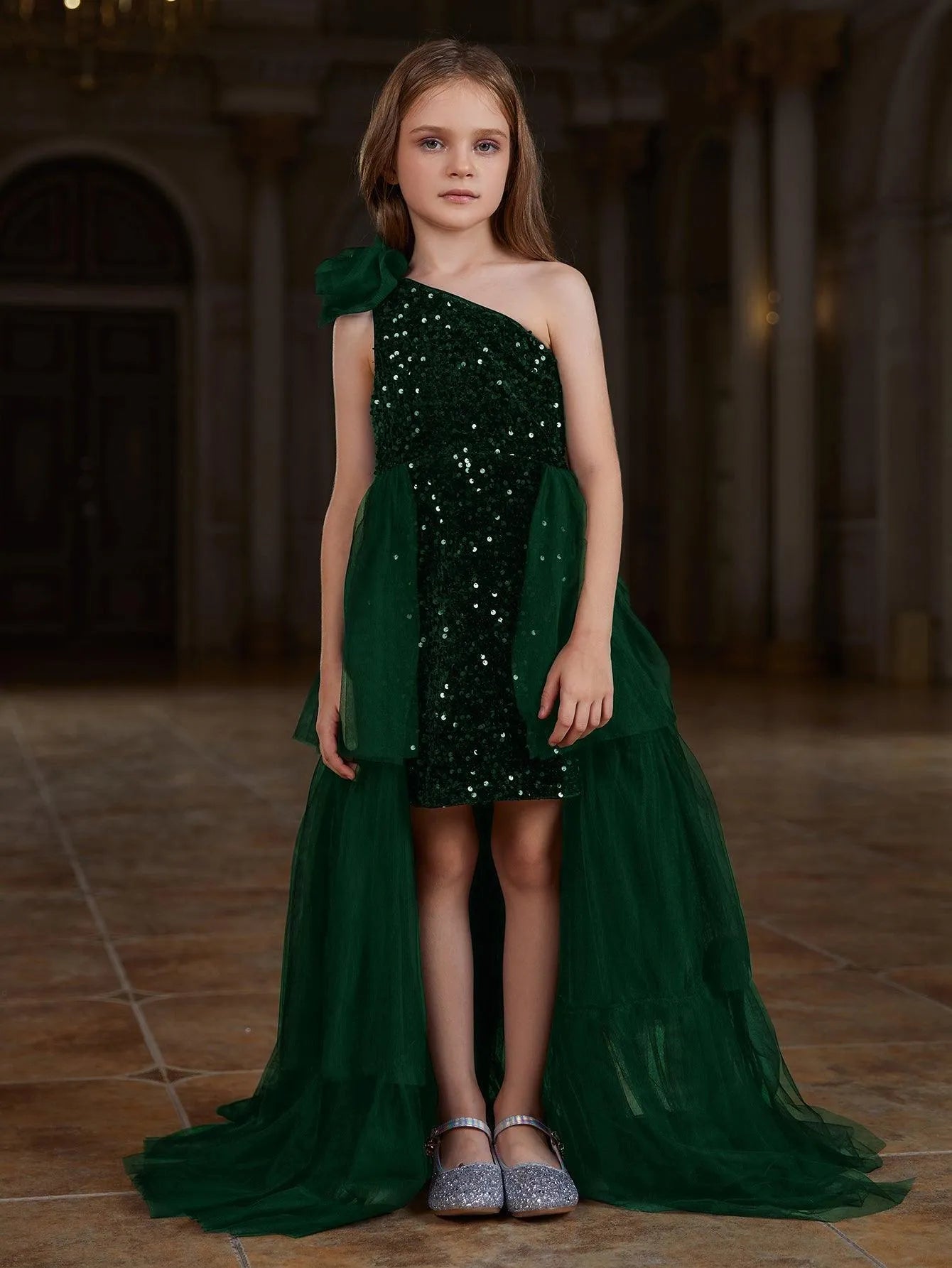 Additional product view of Layered Hem One-Shoulder Sequin A-Line Sleeveless Tween Girls' Party Dress