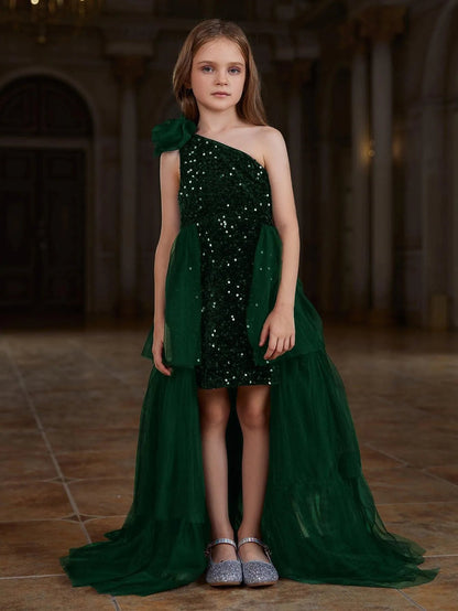 Additional product view of Layered Hem One-Shoulder Sequin A-Line Sleeveless Tween Girls' Party Dress
