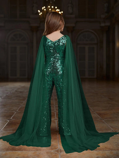 Additional product view of Cloak-Sleeve V-Neck Sequin Tween Girls' Party Jumpsuit