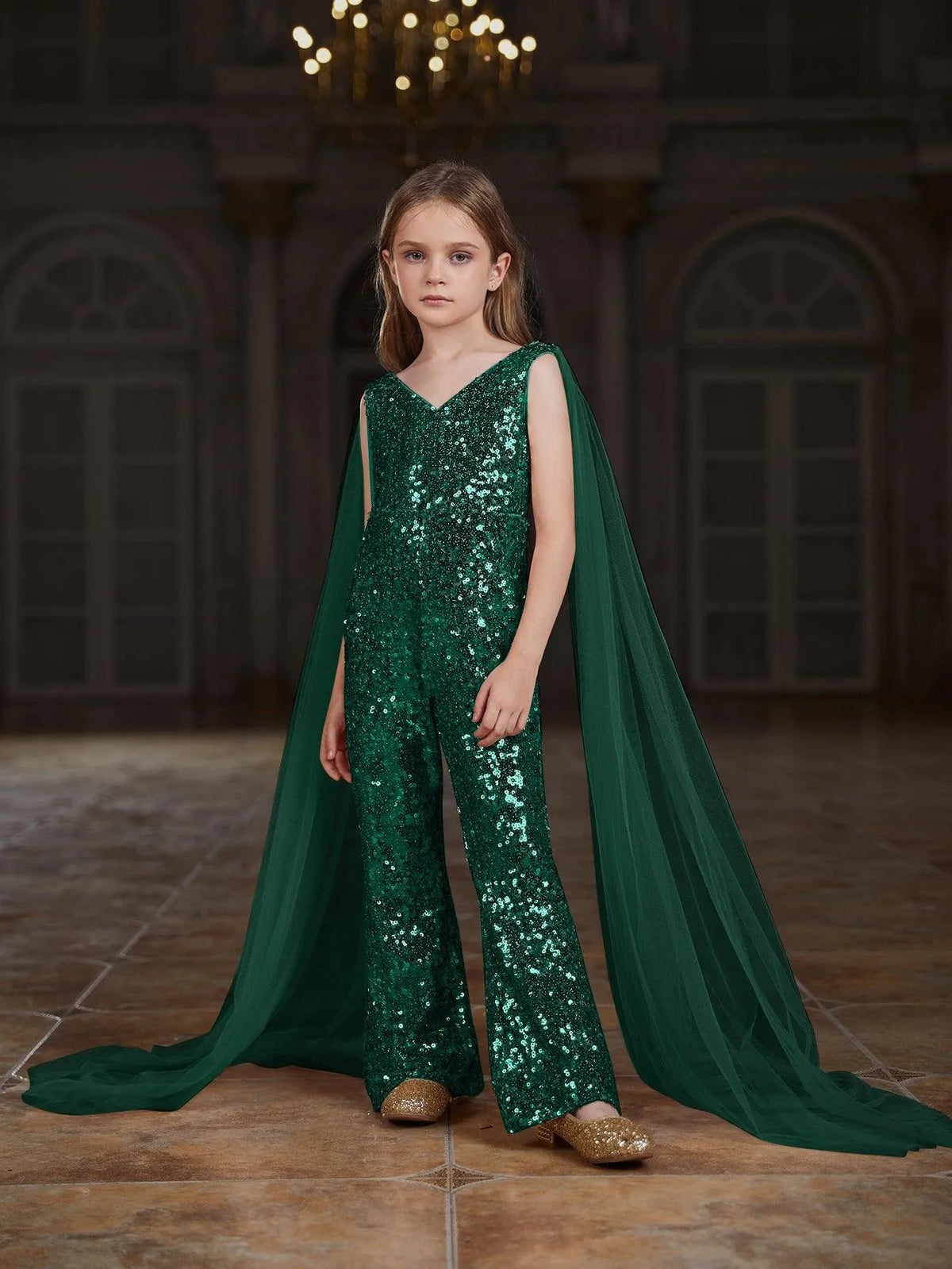 Alternate view of Cloak-Sleeve V-Neck Sequin Tween Girls' Party Jumpsuit in Dark Green
