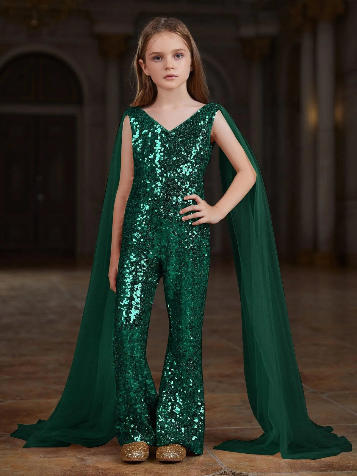 Additional product view of Cloak-Sleeve V-Neck Sequin Tween Girls' Party Jumpsuit