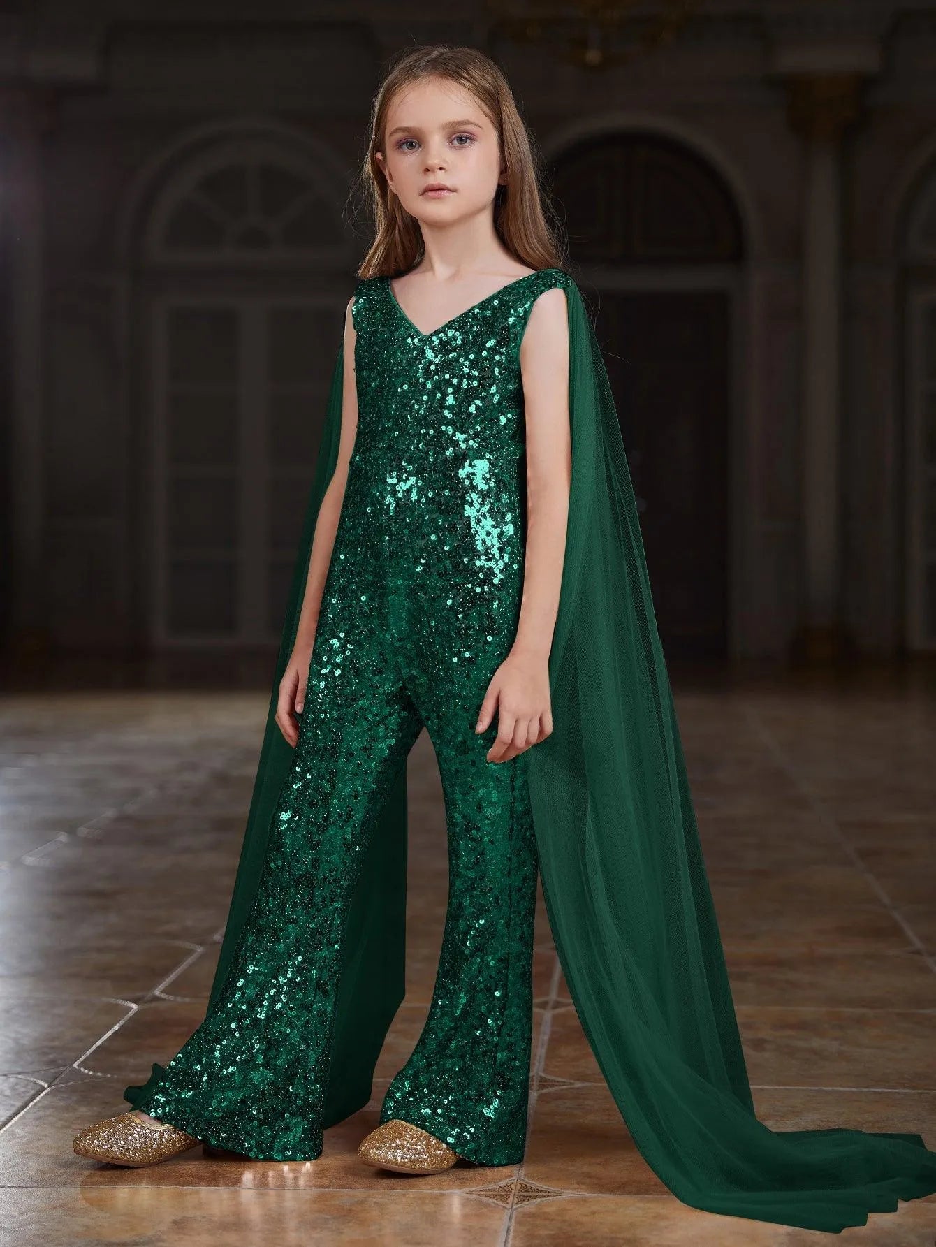 Additional product view of Cloak-Sleeve V-Neck Sequin Tween Girls' Party Jumpsuit