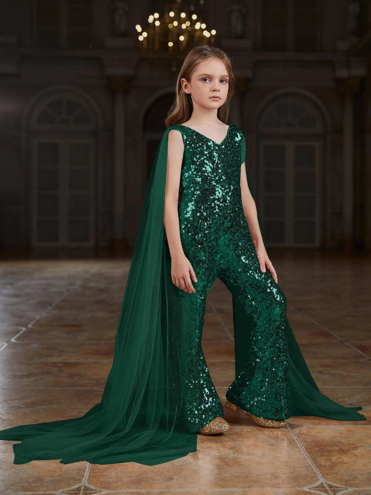 Additional product view of Cloak-Sleeve V-Neck Sequin Tween Girls' Party Jumpsuit