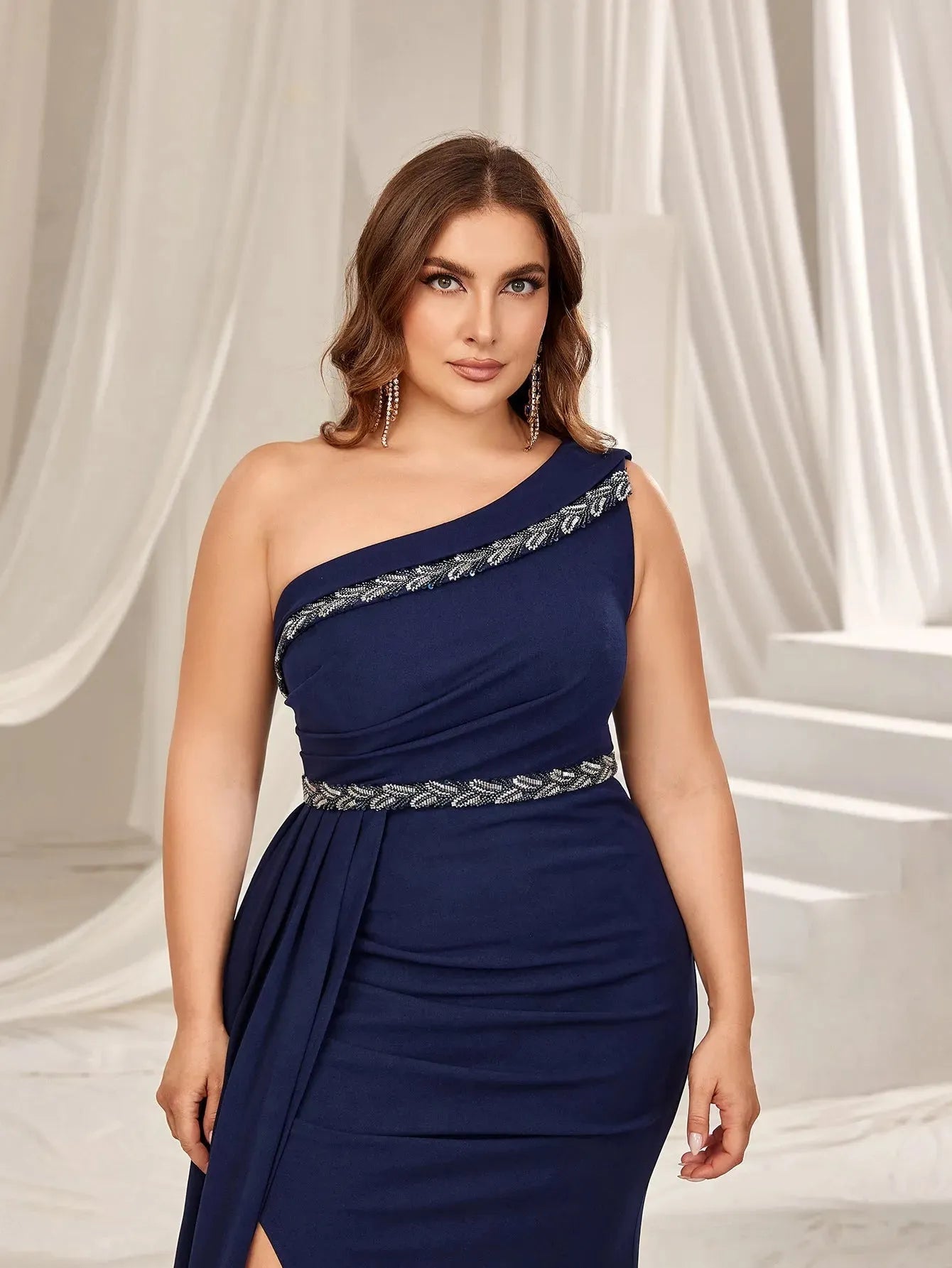 Plus One Shoulder Split Mermaid Hem Formal Evening Dress