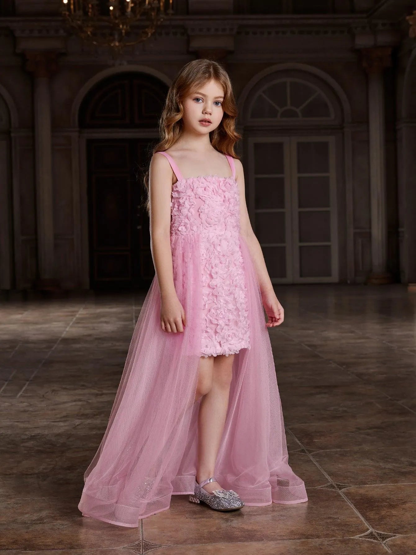Additional product view of Mesh Overlay Cami Strap Appliqué A-Line Sleeveless Tween Girls' Party Dress
