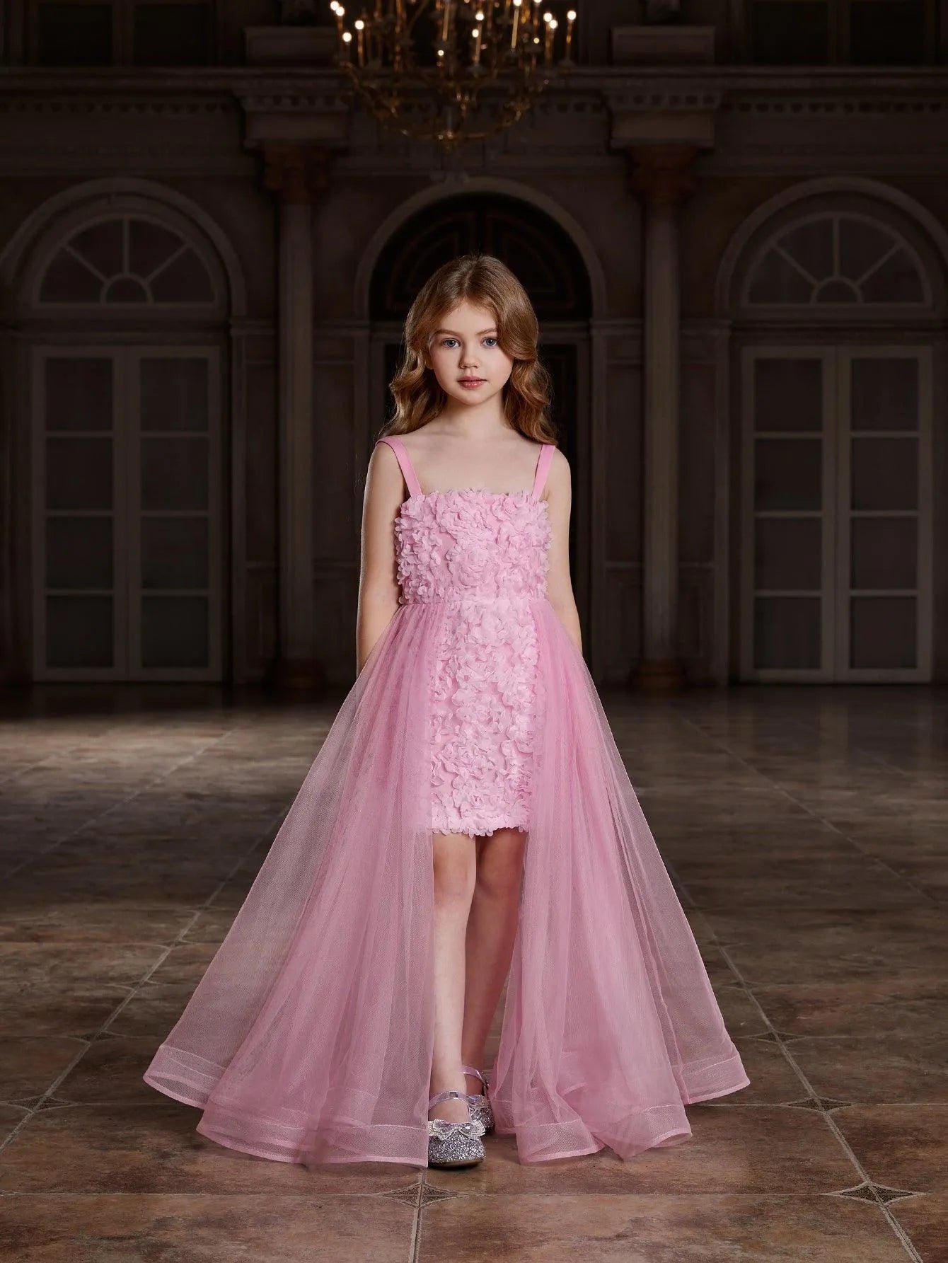 Additional product view of Mesh Overlay Cami Strap Appliqué A-Line Sleeveless Tween Girls' Party Dress