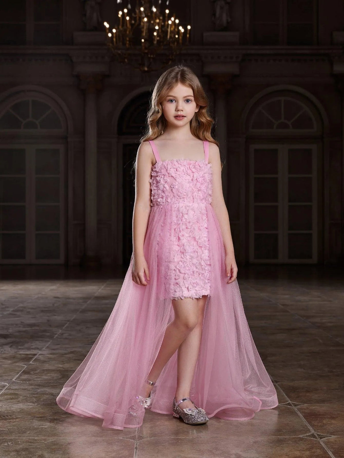 Alternate view of Mesh Overlay Cami Strap Appliqué A-Line Sleeveless Tween Girls' Party Dress in Pink