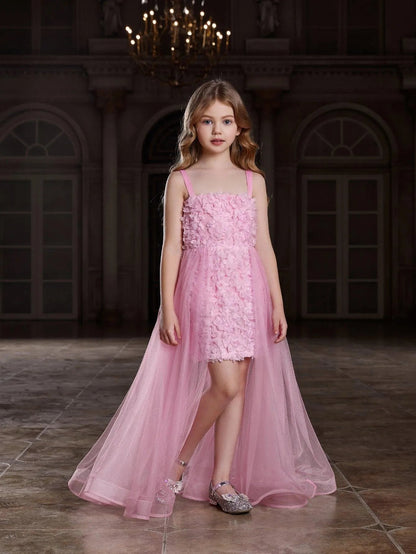 Alternate view of Mesh Overlay Cami Strap Appliqué A-Line Sleeveless Tween Girls' Party Dress in Pink