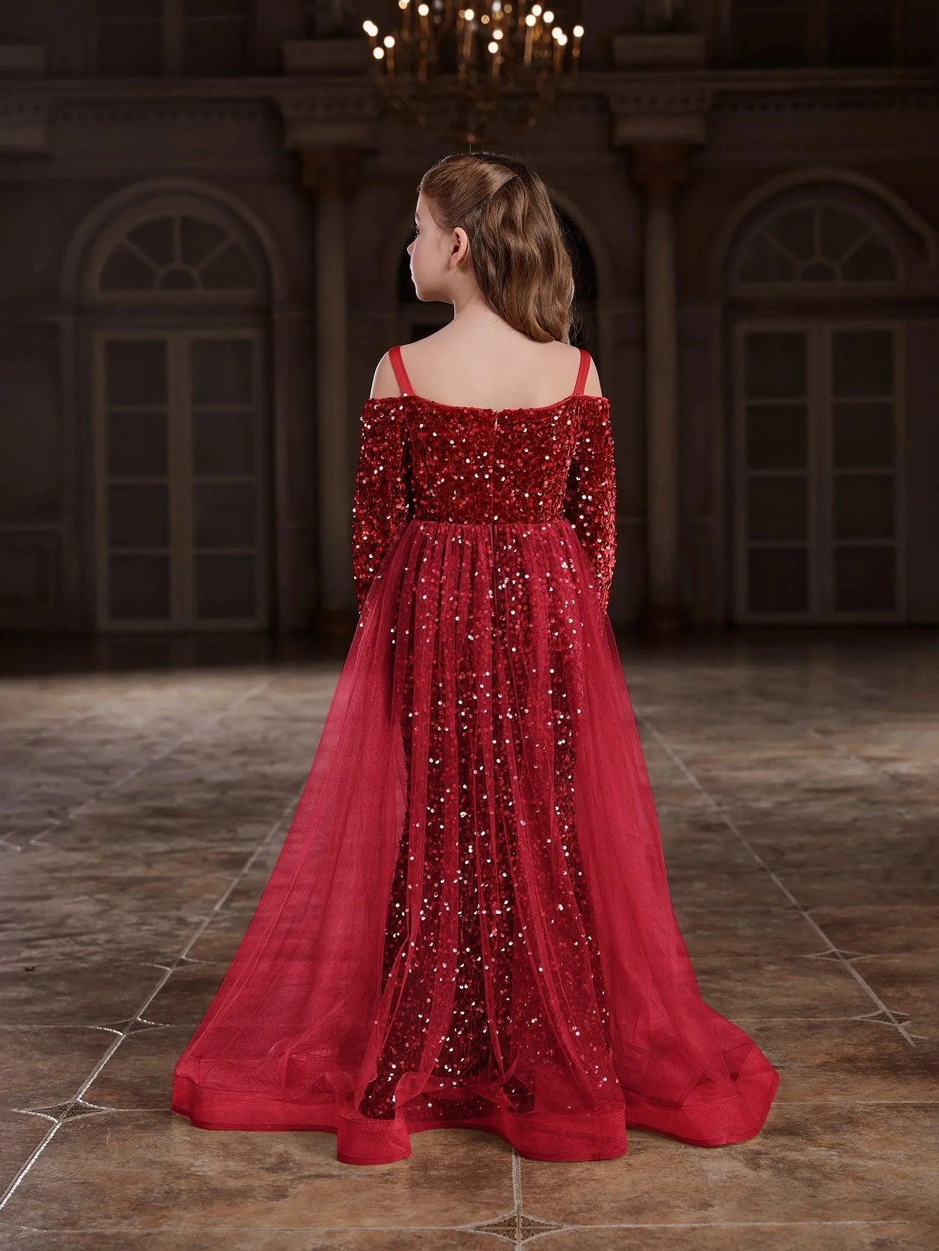 Additional product view of Mesh Overlay Off-Shoulder Sequin Mermaid Long-Sleeve Tween Girls' Party Dress