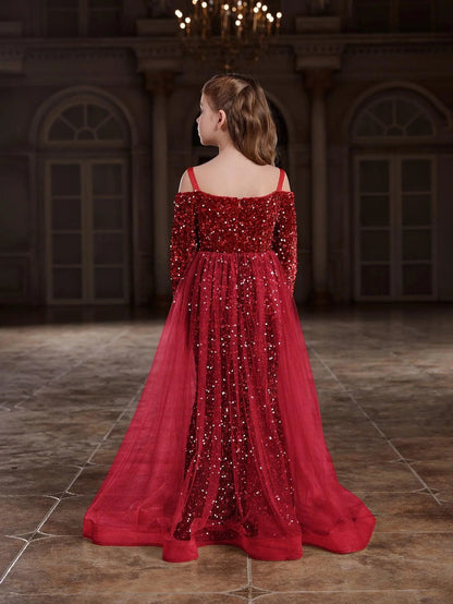 Additional product view of Mesh Overlay Off-Shoulder Sequin Mermaid Long-Sleeve Tween Girls' Party Dress