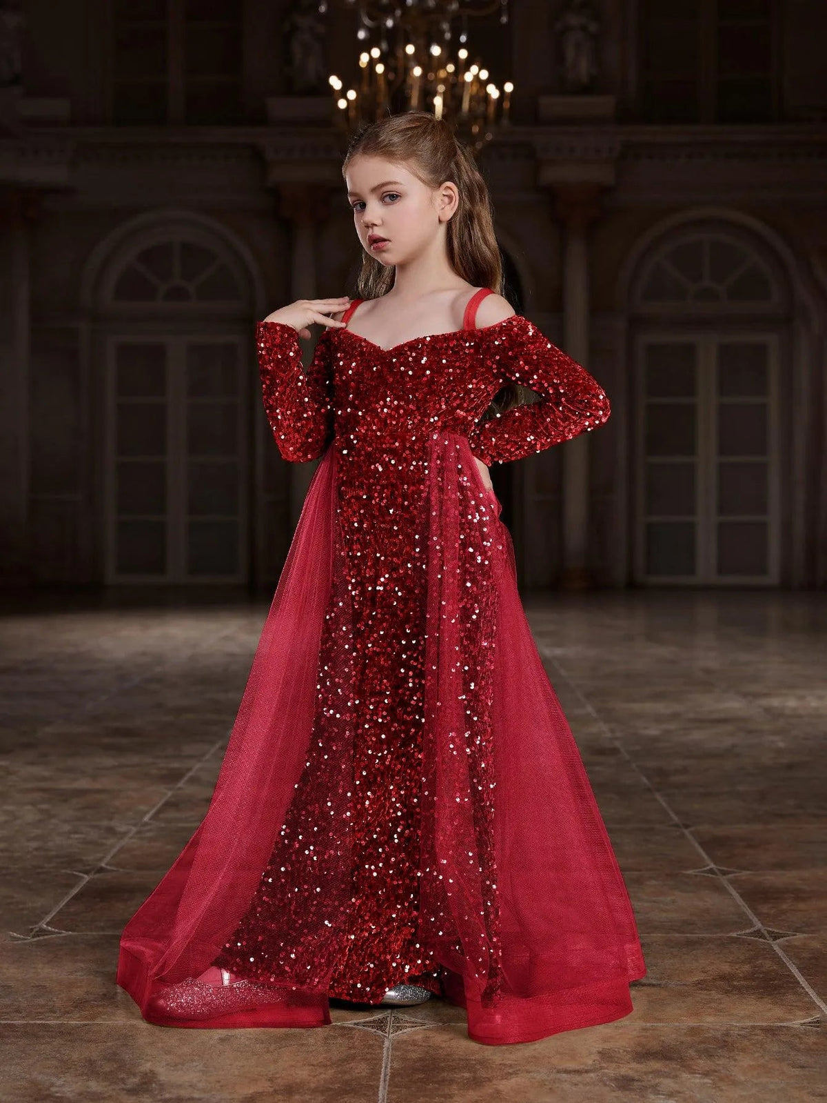 Additional product view of Mesh Overlay Off-Shoulder Sequin Mermaid Long-Sleeve Tween Girls' Party Dress