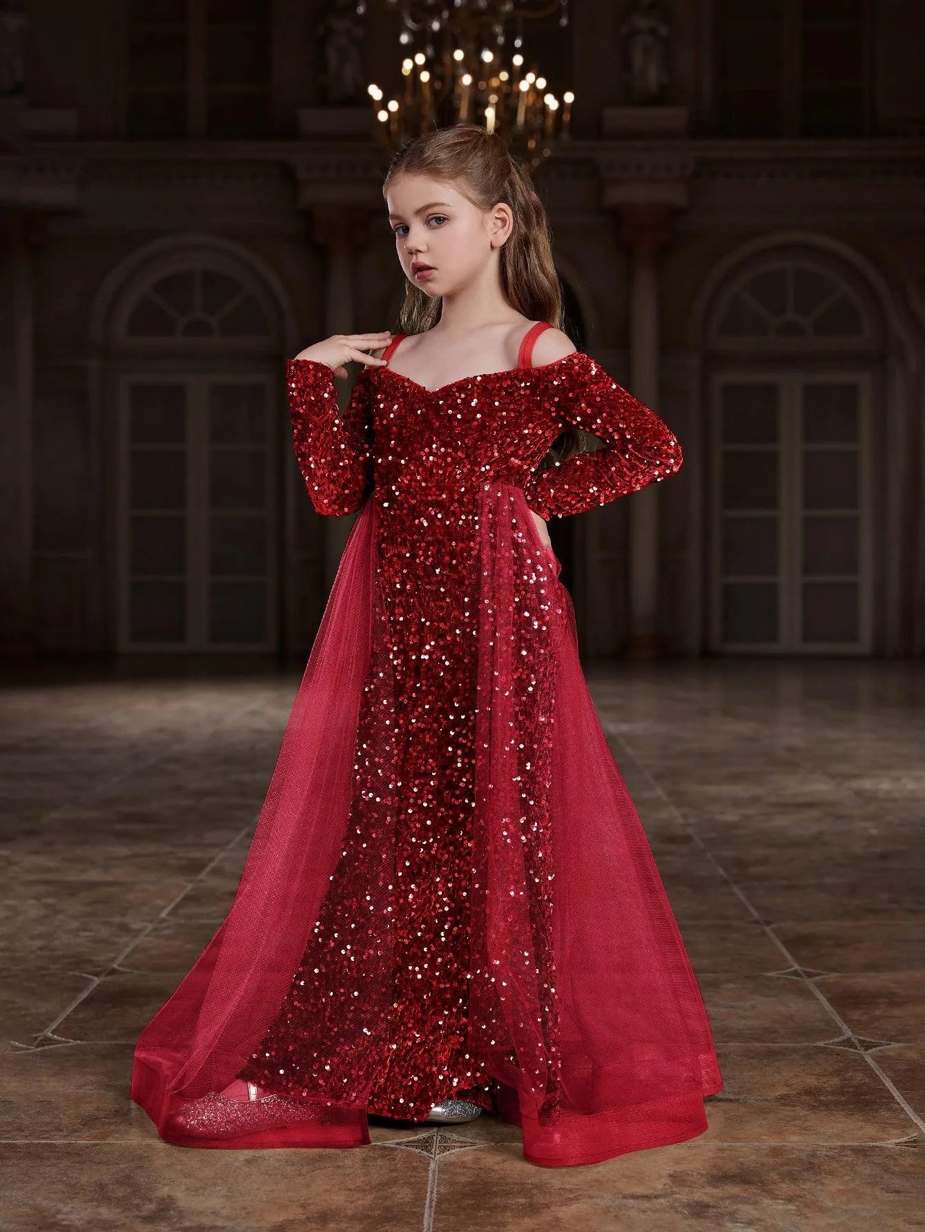 Additional product view of Mesh Overlay Off-Shoulder Sequin Mermaid Long-Sleeve Tween Girls' Party Dress