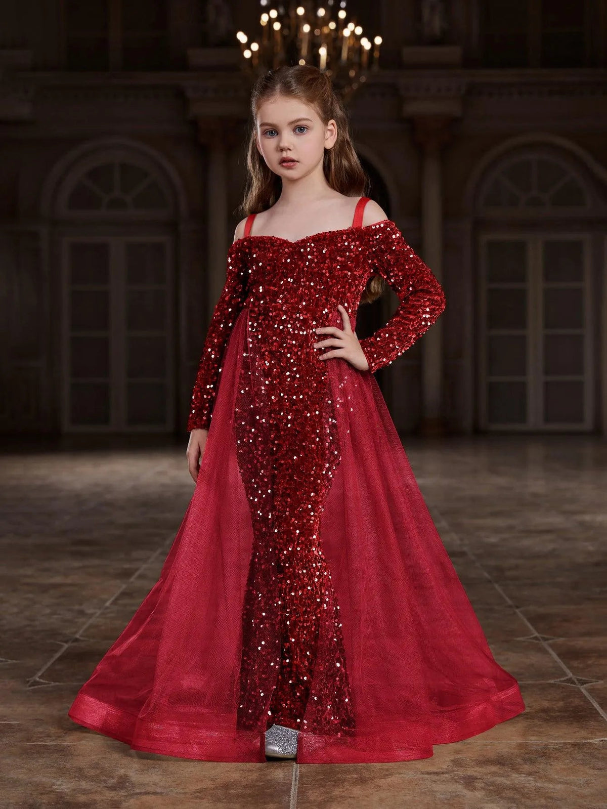 Additional product view of Mesh Overlay Off-Shoulder Sequin Mermaid Long-Sleeve Tween Girls' Party Dress