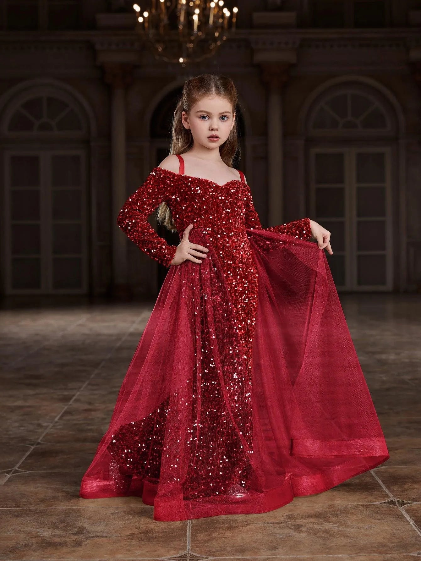 Alternate view of Mesh Overlay Off-Shoulder Sequin Mermaid Long-Sleeve Tween Girls' Party Dress in Red