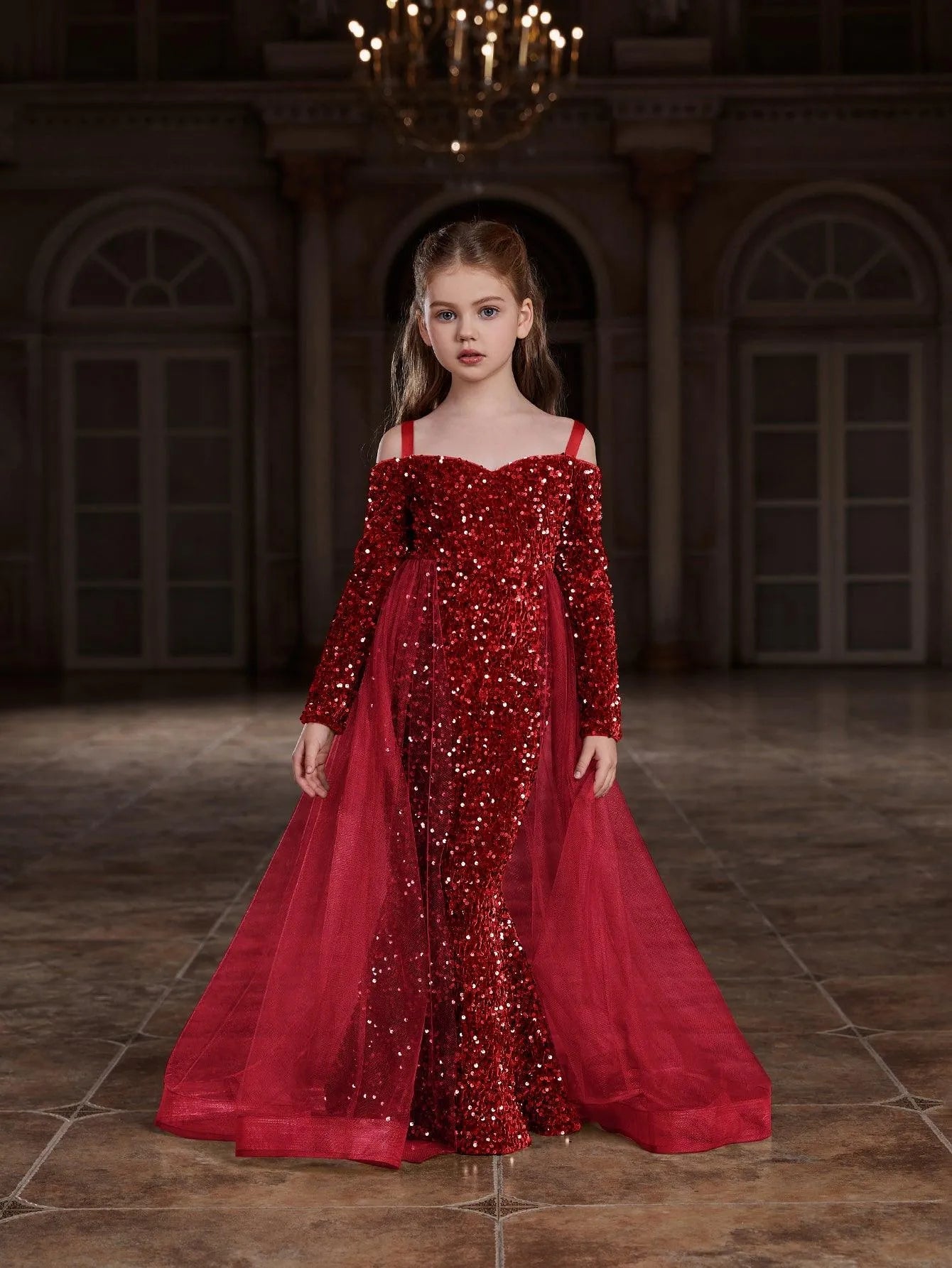 Additional product view of Mesh Overlay Off-Shoulder Sequin Mermaid Long-Sleeve Tween Girls' Party Dress