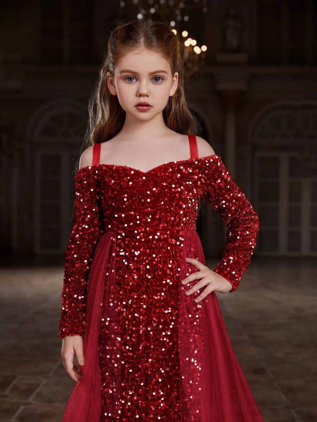 Additional product view of Mesh Overlay Off-Shoulder Sequin Mermaid Long-Sleeve Tween Girls' Party Dress