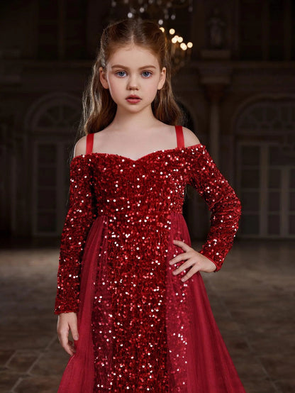 Additional product view of Mesh Overlay Off-Shoulder Sequin Mermaid Long-Sleeve Tween Girls' Party Dress