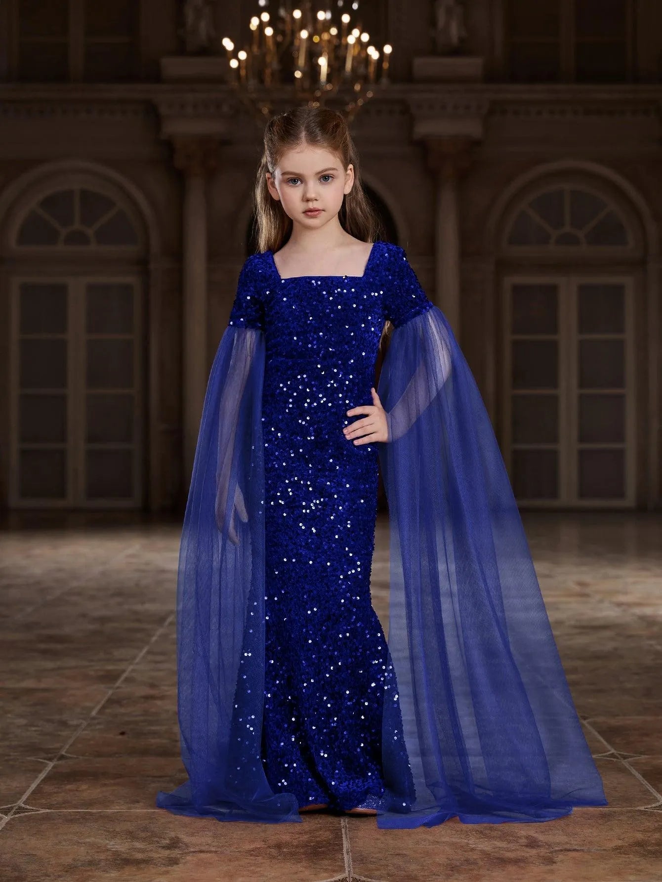 Additional product view of Cloak-Sleeve Square-Neck Sequin Mermaid Maxi Tween Girls' Party Dress