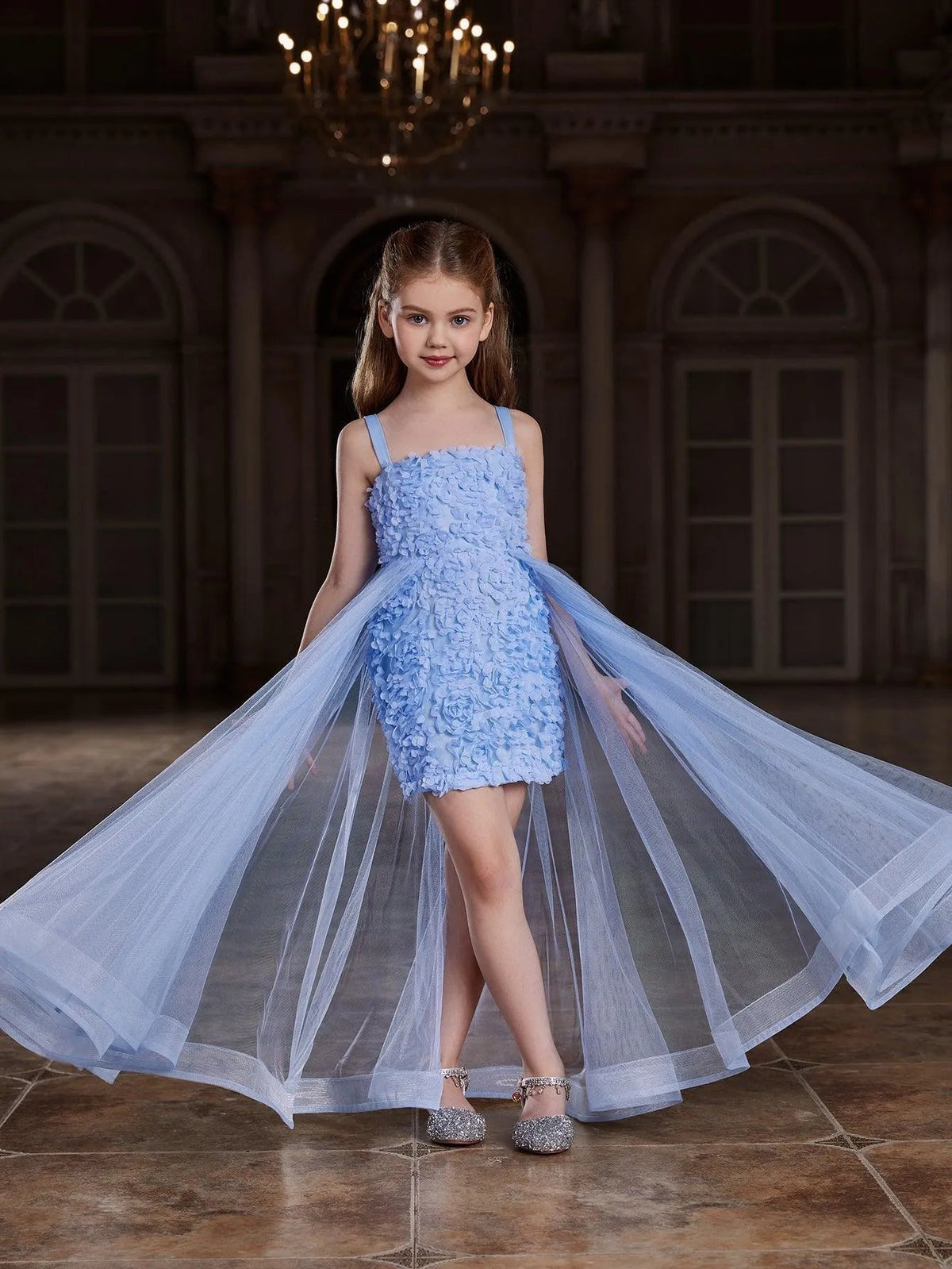 Alternate view of Mesh Overlay Cami Strap Appliqué A-Line Sleeveless Tween Girls' Party Dress in Blue