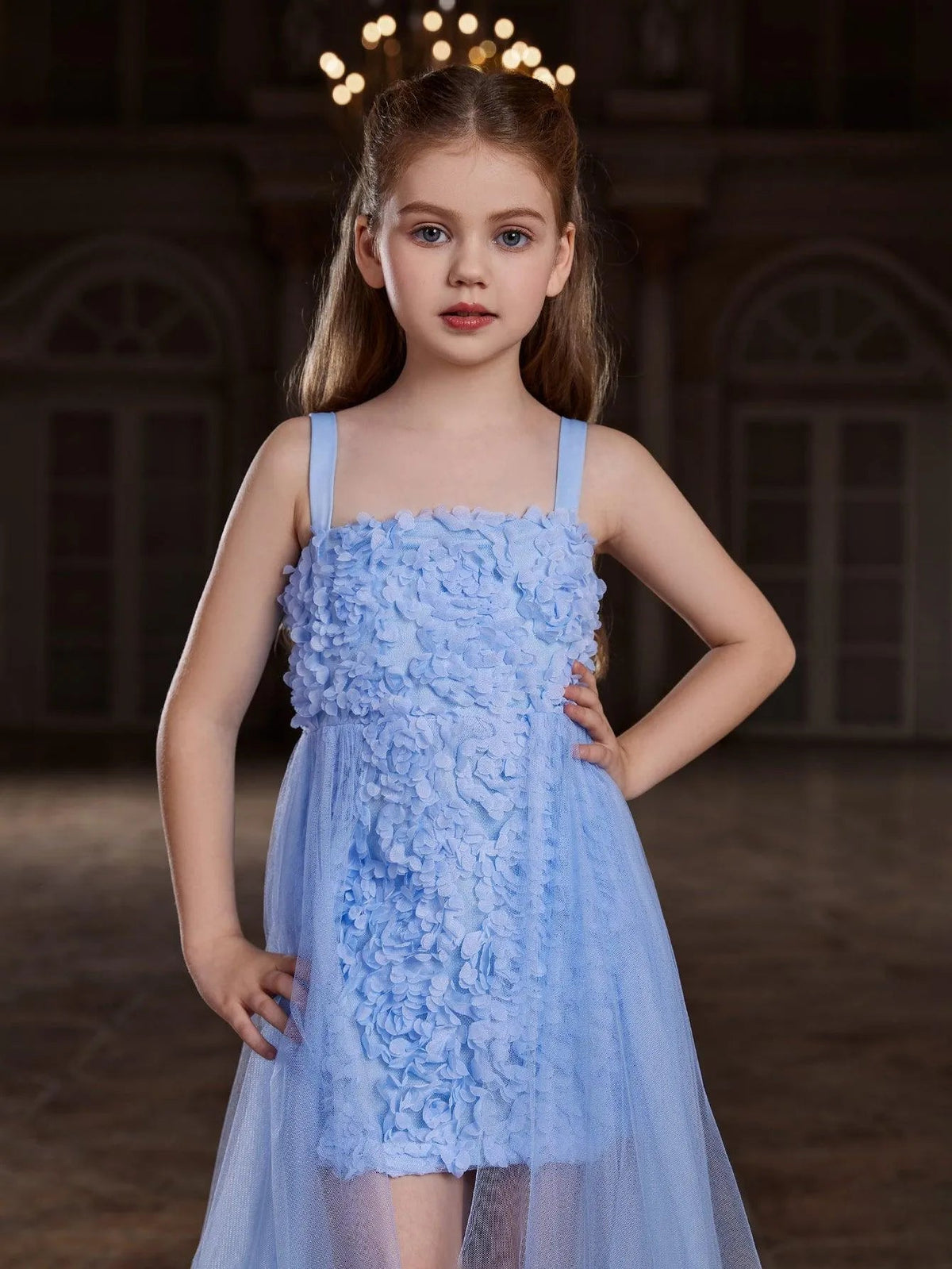 Additional product view of Mesh Overlay Cami Strap Appliqué A-Line Sleeveless Tween Girls' Party Dress