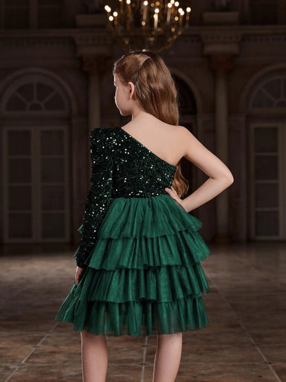 Additional product view of One-Shoulder Sequin A-Line Mesh Midi Tween Girls' Party Dress