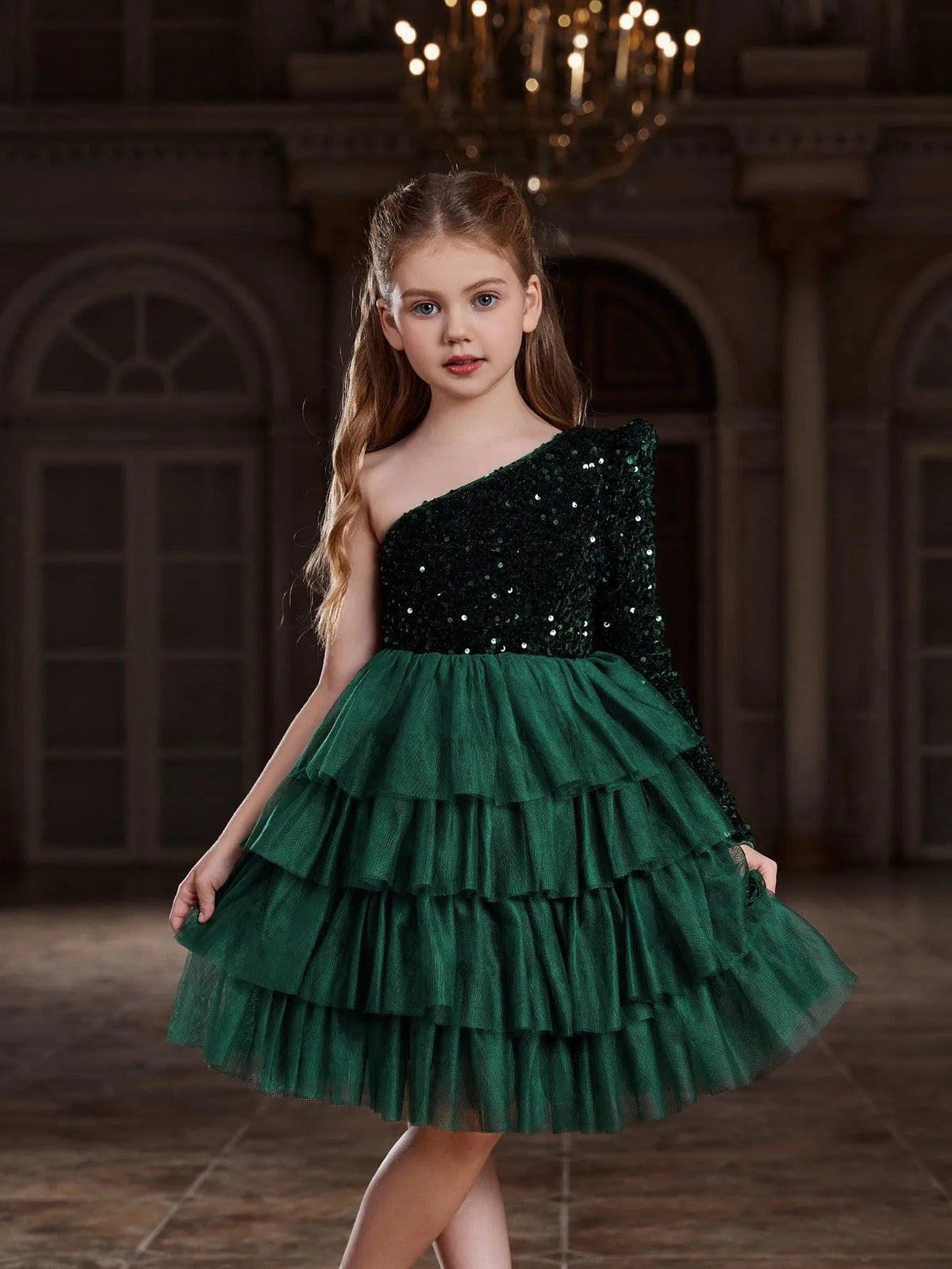 Alternate view of One-Shoulder Sequin A-Line Mesh Midi Tween Girls' Party Dress in Dark Green
