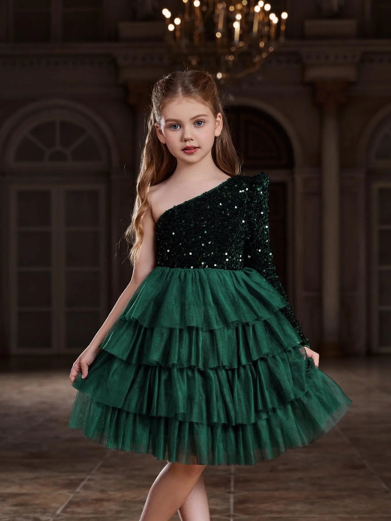 Alternate view of One-Shoulder Sequin A-Line Mesh Midi Tween Girls' Party Dress in Dark Green