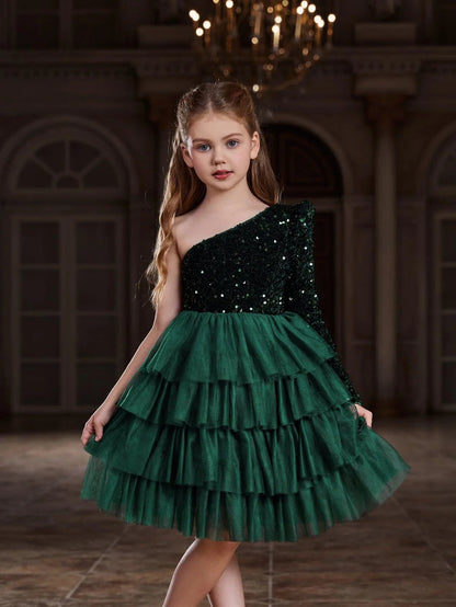 Alternate view of One-Shoulder Sequin A-Line Mesh Midi Tween Girls' Party Dress in Dark Green
