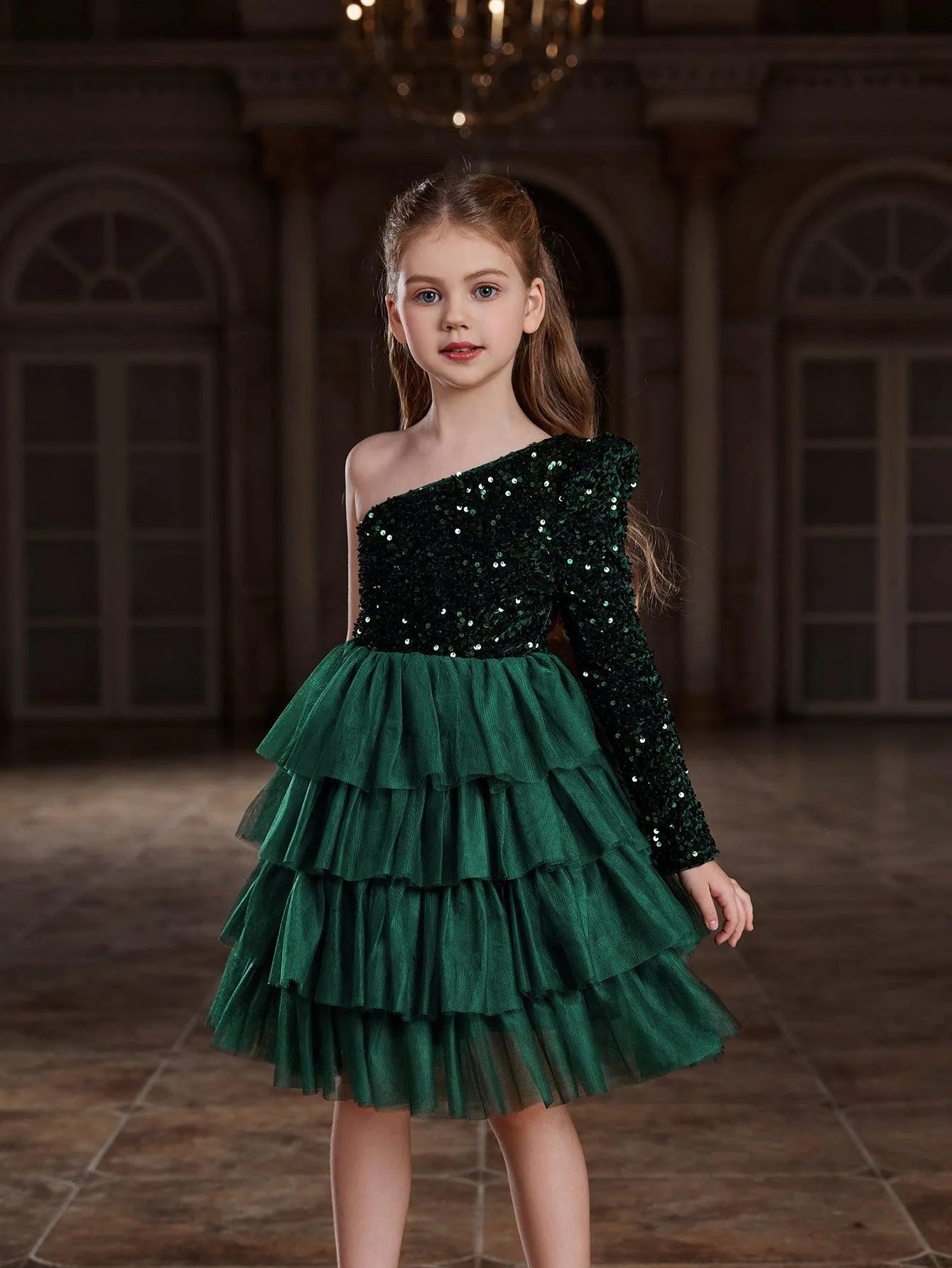 Additional product view of One-Shoulder Sequin A-Line Mesh Midi Tween Girls' Party Dress