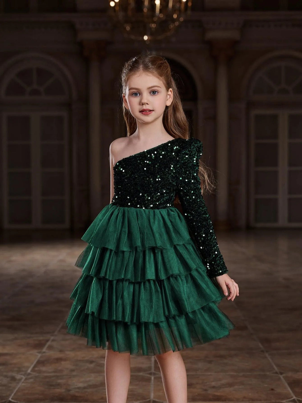 Additional product view of One-Shoulder Sequin A-Line Mesh Midi Tween Girls' Party Dress