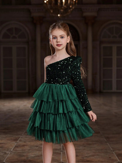 Additional product view of One-Shoulder Sequin A-Line Mesh Midi Tween Girls' Party Dress