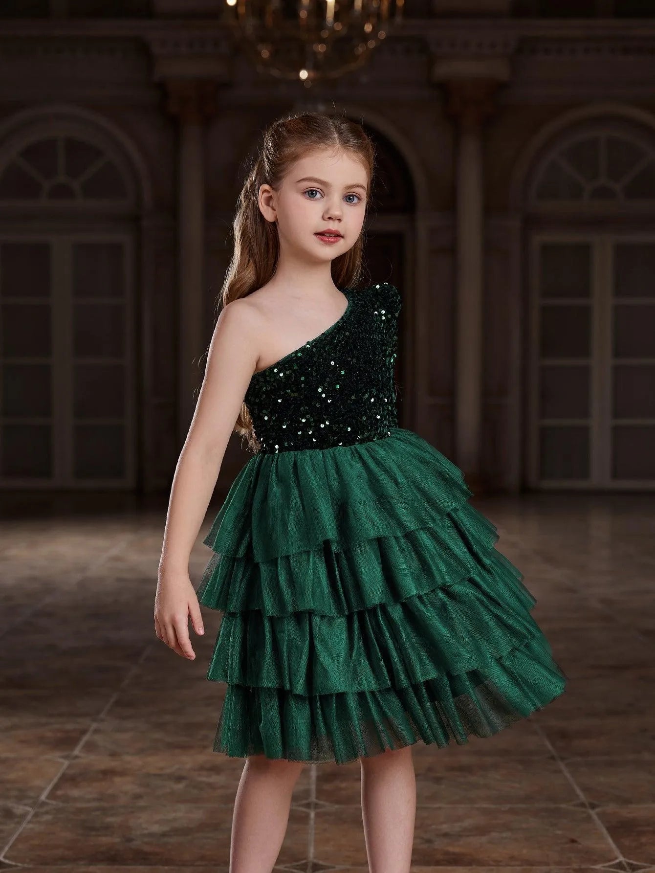 Additional product view of One-Shoulder Sequin A-Line Mesh Midi Tween Girls' Party Dress