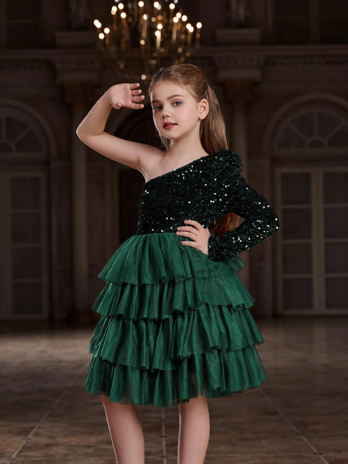 Additional product view of One-Shoulder Sequin A-Line Mesh Midi Tween Girls' Party Dress