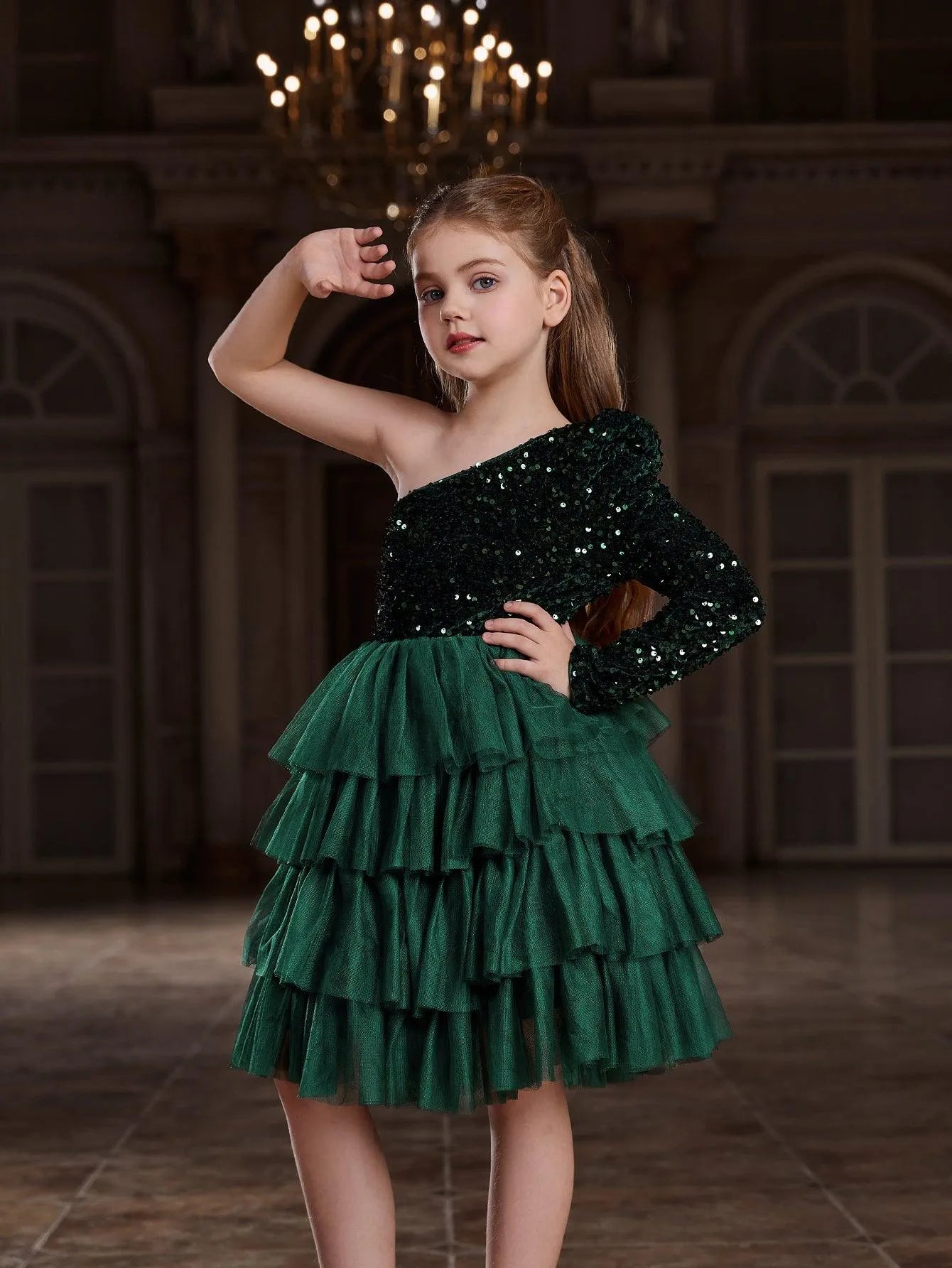 Additional product view of One-Shoulder Sequin A-Line Mesh Midi Tween Girls' Party Dress